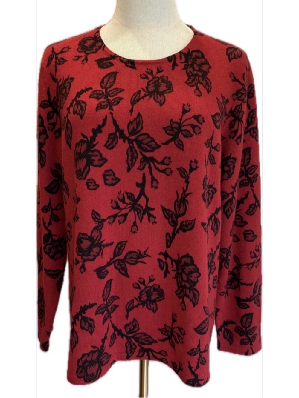Charter Club Woman 2 Ply 100% Cashmere Red/Black Floral Crew Neck Sweater 1X